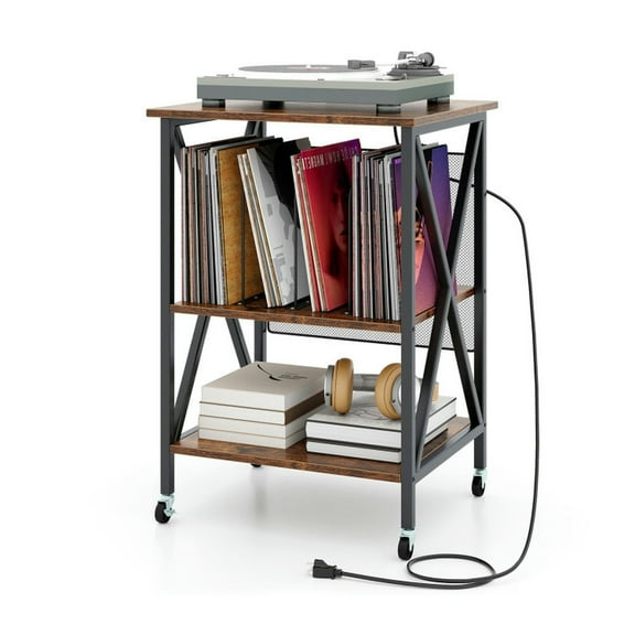 Barara King End Tables,Side End Table,Nightstand,Mid-Century Record Player Stand with Built-in Charging Station-Rustic Brown