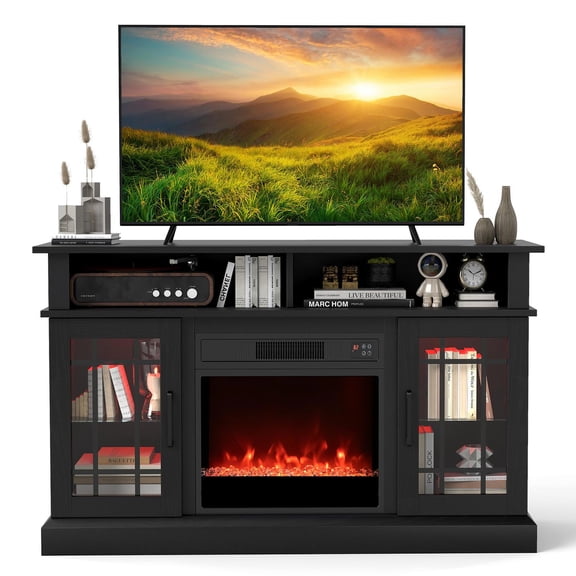 Barara King Entertainment Center with Electric Fireplace LED Lights and Remote Controls for TVs Up to 40 Inch, TV Console Table for Living Room, Home Office, Black