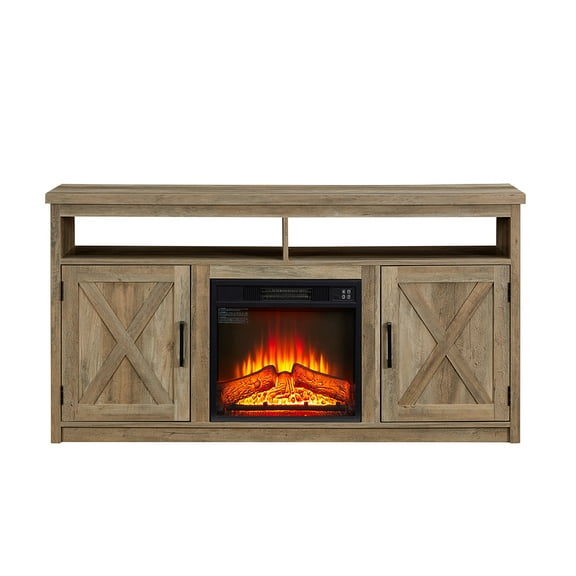 Barara King Entertainment Center, TV Console Table,Large Barn Inspired Home Entertainment Console, with 18" Fireplace Insert, for TV Up to 65'', Gray Wash