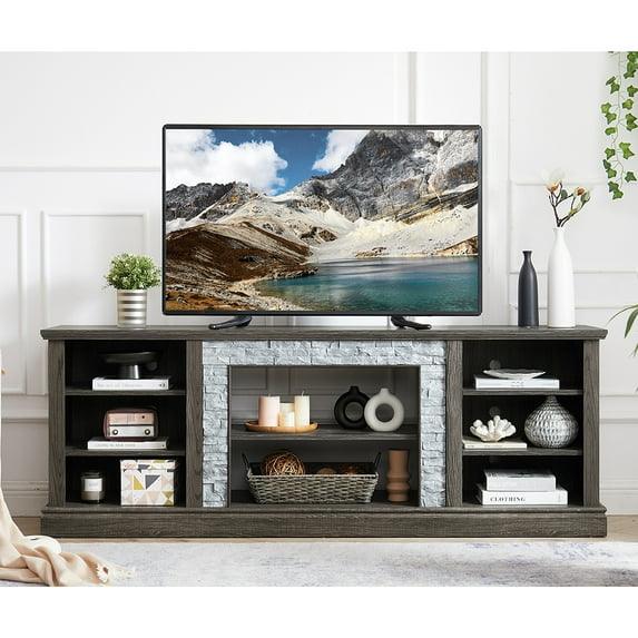 Barara King Entertainment Center, TV Console Table,Large TV Stand TV Desk Storage Rack with Faux Stacked Stone Surround,TV Media Entertaionment Stand,Gray