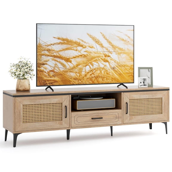 Barara King Entertainment Center, TV Console Table,Mid Century Modern Entertainment Center with 2 Cabinets and Storage Drawer-Oak
