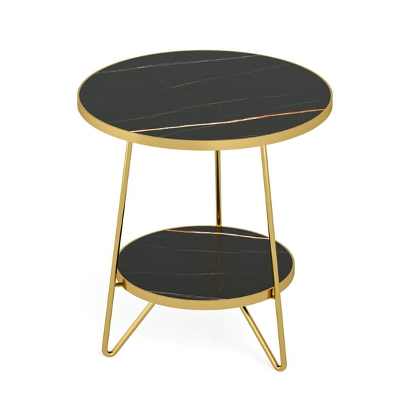 Barara King Faux Marble End Table, 2-Tier Round Sofa Bedside Table with Shelves,Black