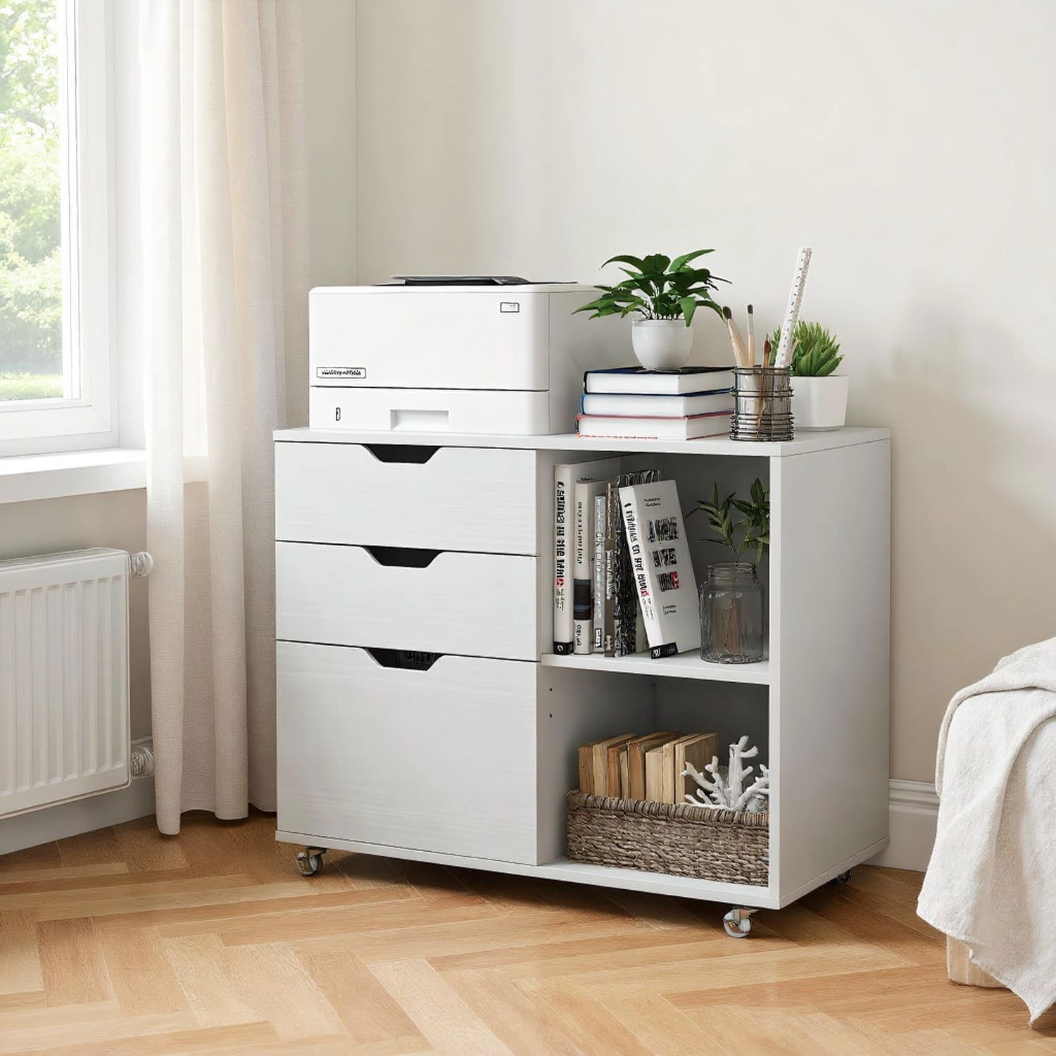 Barara King File Cabinet, File Stroage Organizer,3-Drawer File Cabinet with Adjustable Shelf and Wheels for Letter-White