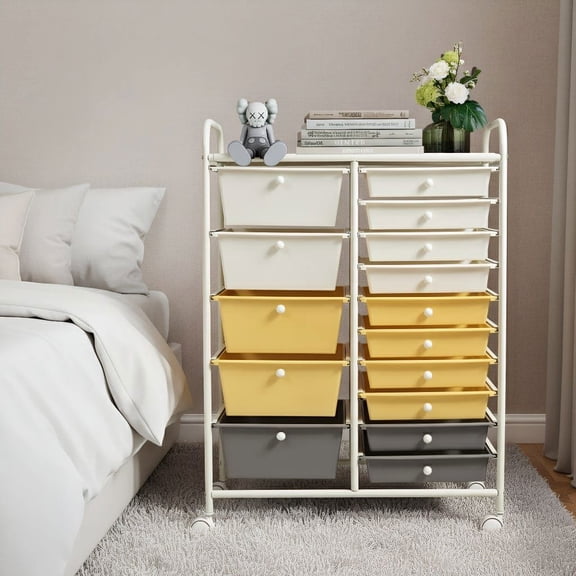 Barara King File Cabinet, Filing Cabinet Organizer,15-Drawer Storage Rolling Organizer Cart-Yellow