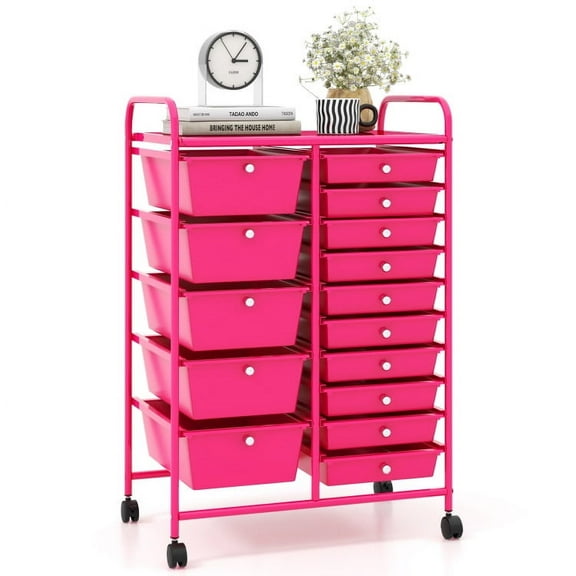 Barara King File Cabinet, Filing Cabinet Organizer,15-Drawer Utility Rolling Organizer Cart MultiUse Storage-Pink