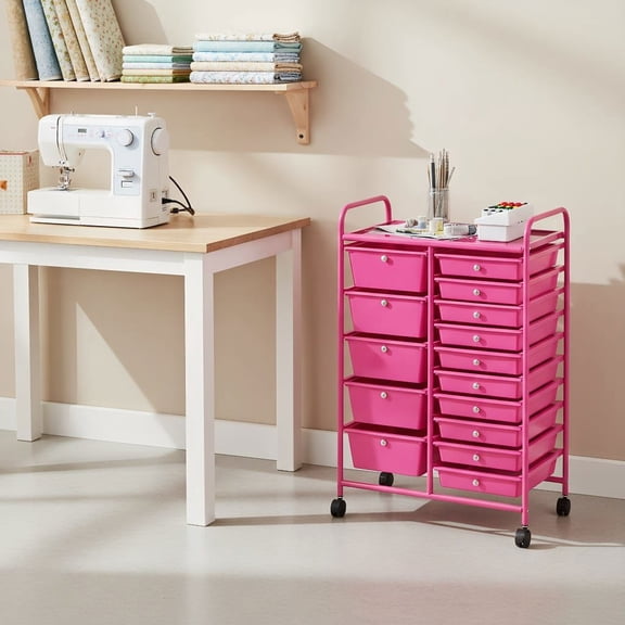 Barara King File Cabinet, Filing Cabinet Organizer,15-Drawer Utility Rolling Organizer Cart MultiUse Storage-Pink