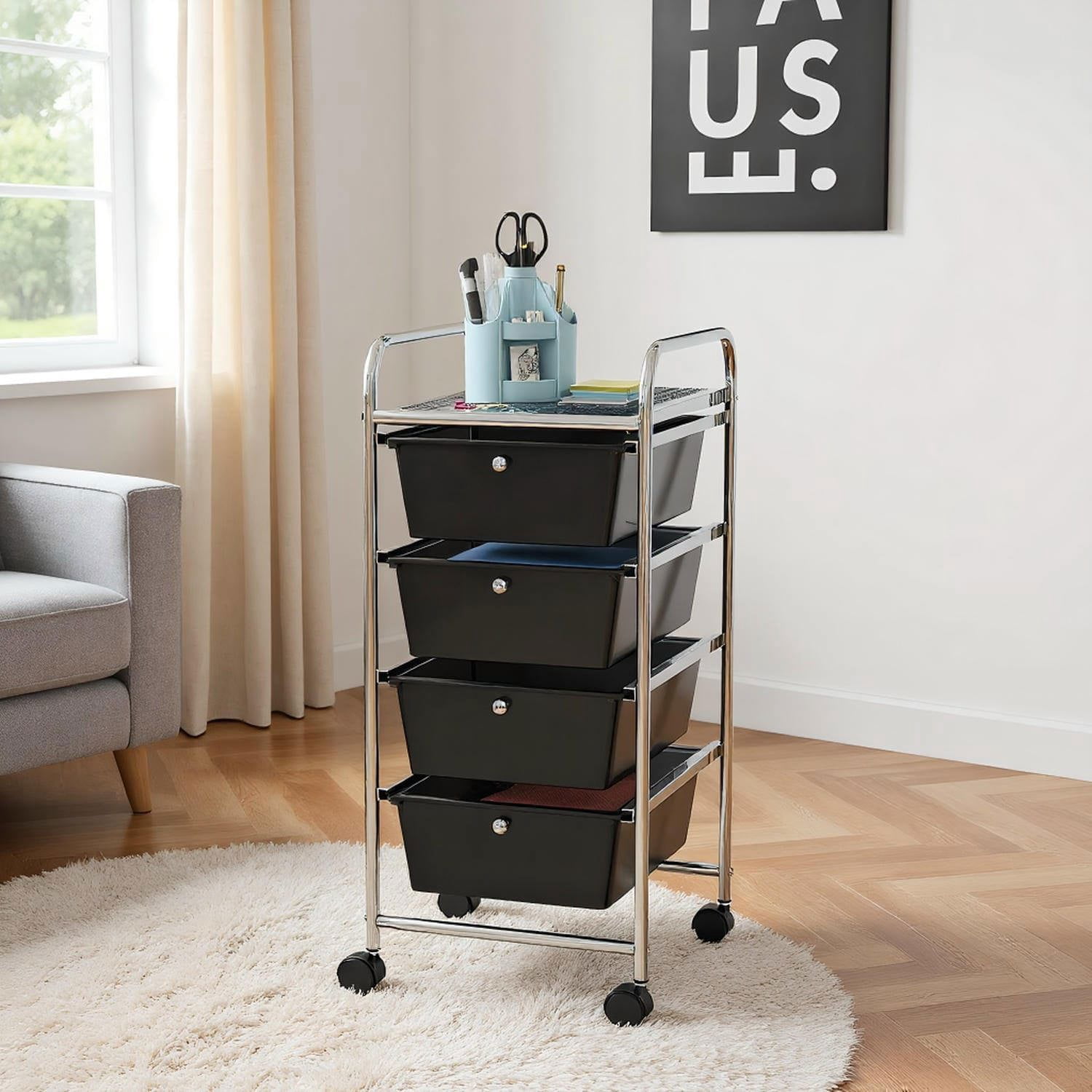 Barara King File Cabinet, Filing Cabinet Organizer,4-Drawer Cart Storage Bin Organizer Rolling with Plastic Drawers-Black