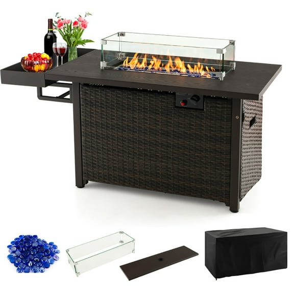Barara King Fire Pit,Firebowl,52 Inches Outdoor Wicker Gas Fire Pit Propane Fire Table with Cover-Brown