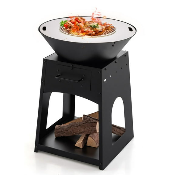 Barara King Fire Pit,Firebowl,Patio Fire Pit with Firewood Log Rack with Grill and Ash Box-Black