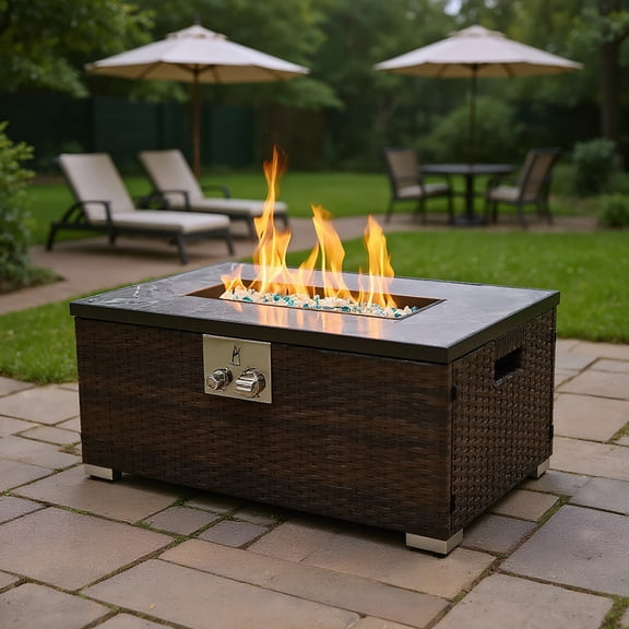 Barara King Fire Pit Table, Smokeless Fire Pit Table, Fire Basin, Outdoor Fire Table, Propane Fire Pit Rattan Gas Fire Table with Tile Tabletop