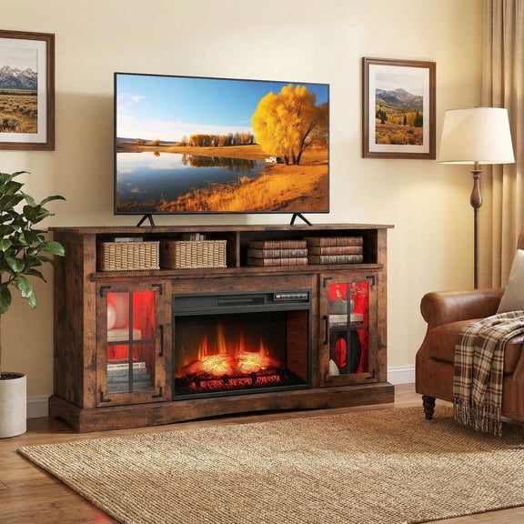 Barara King Fireplace Media Console with Remote & Adjustable Thermostat with Storage Shelves Fits TVs Up to 50 Inch for Home Living Room, Rustic Brown
