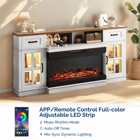 Barara King Fireplace Media Console with 36 Inch Insert, Brown Top and White Cabinet, 2 Doors 2 Drawers RGB Lighting for TV Stand, Brown