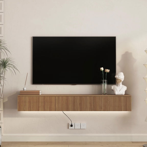 Barara King Floating TV Cabinet with Multicolor LED for 65-Inch TVs, Sleek Wall Mount Entertainment Center with Cable Organizer and Storage, Brown