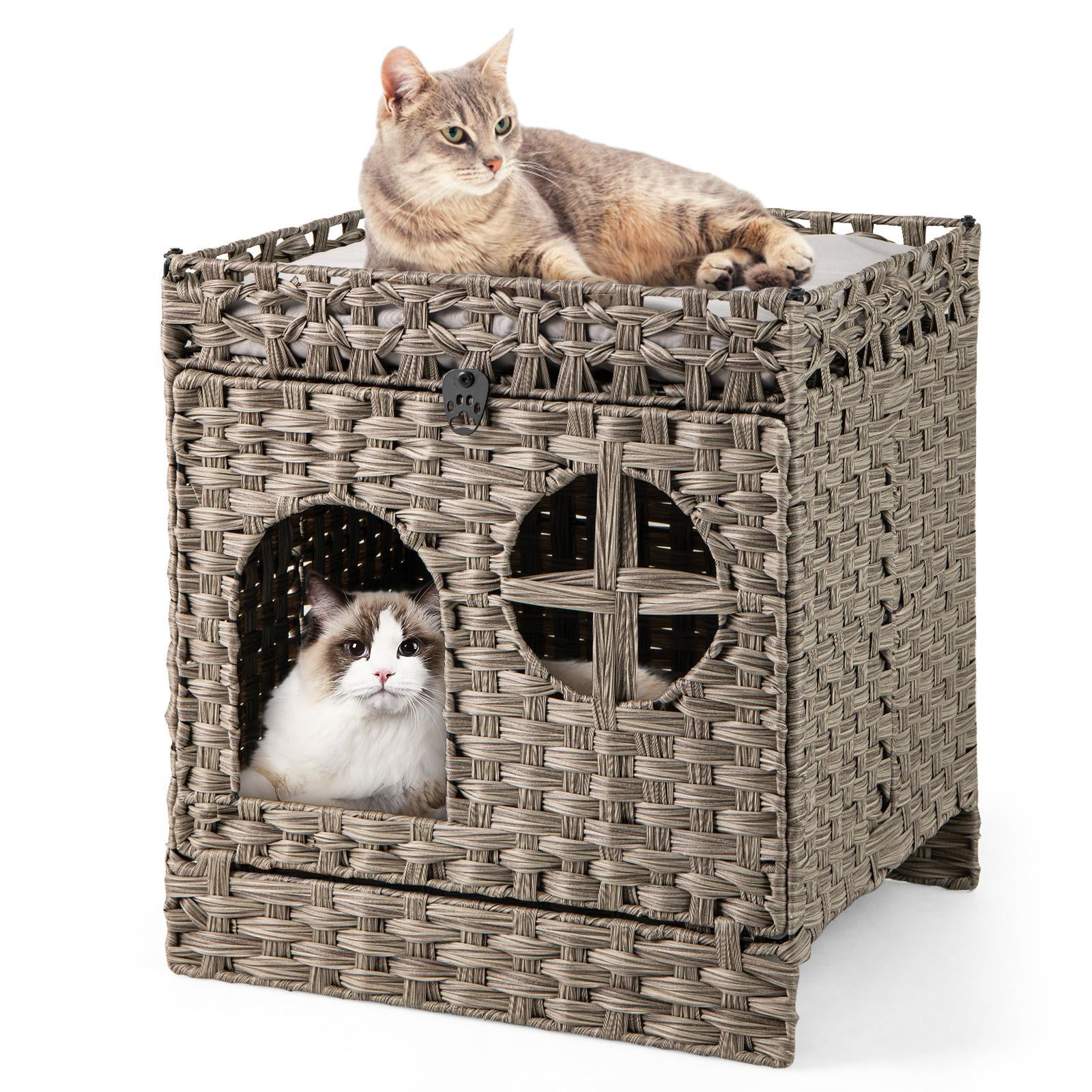 Barara King Foldable 2-tier Rattan Cat House with Litter Mat, Pet House ...