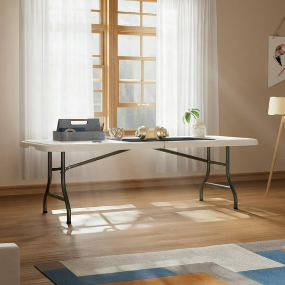 Barara King Folding Table, Portable Plastic Picnic Tables, Fold-in-Half Heavy Duty Utility Foldable Table with Handle, Dining Card Long Table, Indoor Outdoor Fold up for Camping, Picnics, Party, White