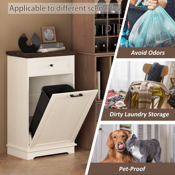 Barara King Freestanding 13 Gallon Tilt-Out Trash Cabinet, Kitchen Recycling Center with Hideaway Drawer and Pet-Proof Door, Garbage Bin Holder, Antique White