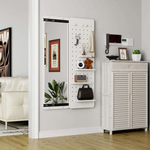 Barara King Full Length Wall Mirror with Shelf and Hook, Multifunctional Panel Design for Bedroom Living Room Entrance, White, 47.6x15.7 Inches