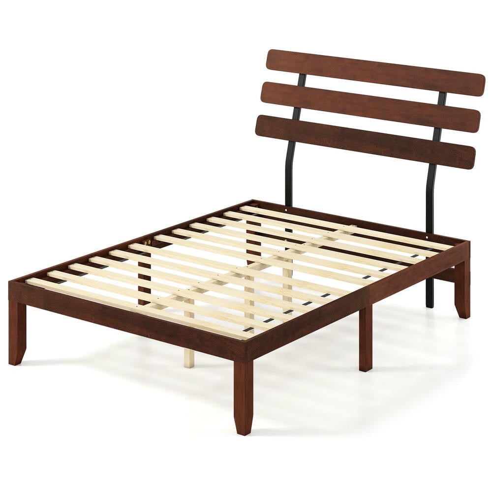Barara King Full Size Bedroom Bed Frame with Retro Headboard, 15.5 Inch Solid Wood Bed Platform Frame for Apartment, Bedroom, Brown