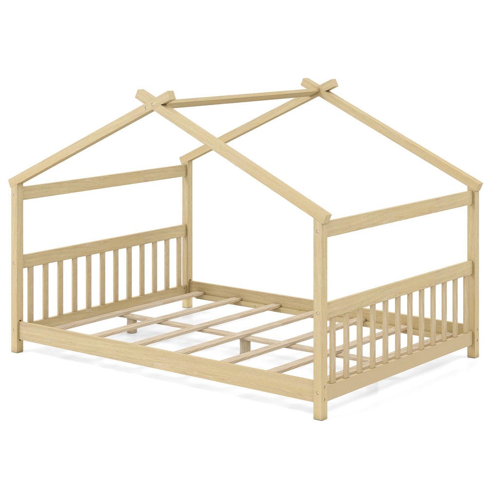 Barara King Full Size House Bedroom Bed Frame with Headboard, Montessori Floor Bed Platform Frame for Apartment, Bedroom, Natural