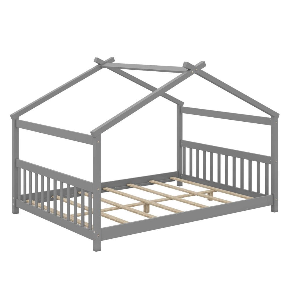 Barara King Full Size House Bedroom Bed Frame with Headboard, Montessori Floor Bed Platform Frame for Apartment, Bedroom, Gray