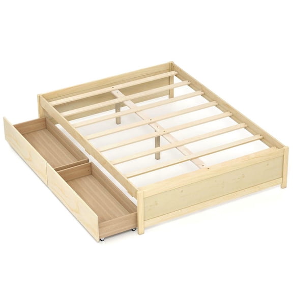 Barara King Full Size Wooden Bedroom Trundle Bed Frame with 2 Rolling Storage Drawers, Bed Platform Frame for Bedroom, Apartment, Natural