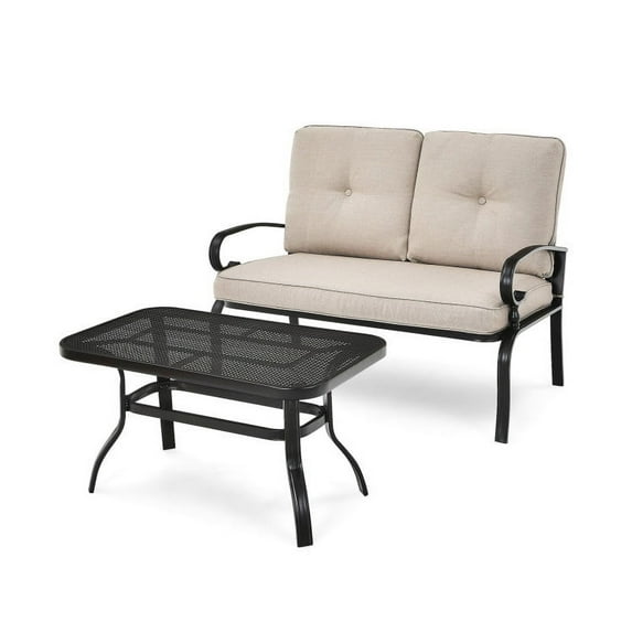 Barara King Garden Conversation Table Set, Conversation Loveseat Chairs Set, 2 Pieces Patio Loveseat Bench Table Furniture Set with Cushioned Chair-Beige