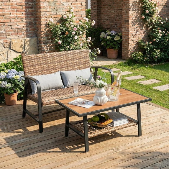 Barara King Garden Conversation Table Set, Conversation Loveseat Chairs Set, 2 Pieces Patio Rattan Coffee Table Set with Shelf and Quick Dry Cushion