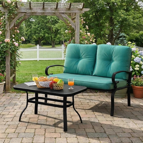 Barara King Garden Conversation Table Set, Conversation Loveseat Chairs Set, 2PCS Patio Loveseat Bench Table Furniture Set with Cushioned Chair-Turquoise
