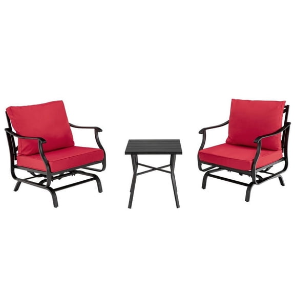 Barara King Garden Conversation Table Set, Conversation Loveseat Chairs Set, 3 Piece Patio Rocking Chair Set with Coffee Table-Red
