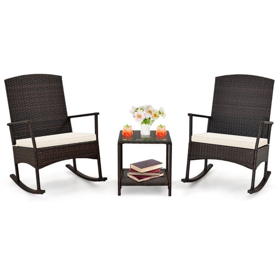 Barara King Garden Conversation Table Set, Conversation Loveseat Chairs Set, 3 Piece Patio Rocking Set Wicker Rocking Chairs with 2-Tier Coffee Table-Off White