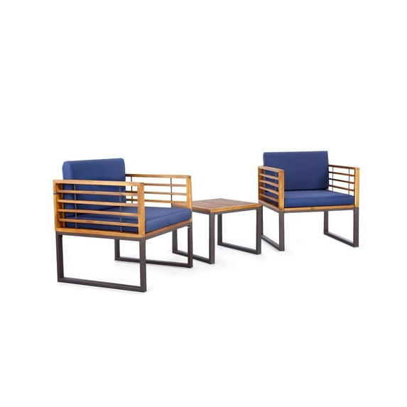 Barara King Garden Conversation Table Set, Conversation Loveseat Chairs Set, 3 Pieces Patio Acacia Wood Conversation Set with Cushioned Armchairs-Navy