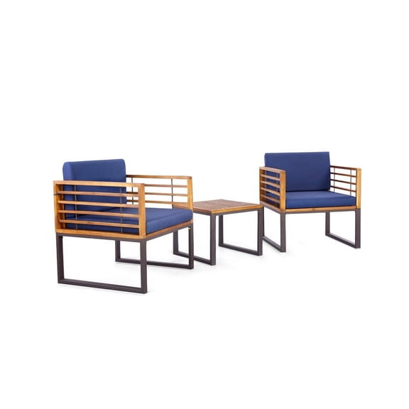Yardi Yard Conversation Table Set, Conversation Loveseat Chairs Set, 3 Pieces Patio Acacia Wood Conversation Set with Cushioned Armchairs-Navy
