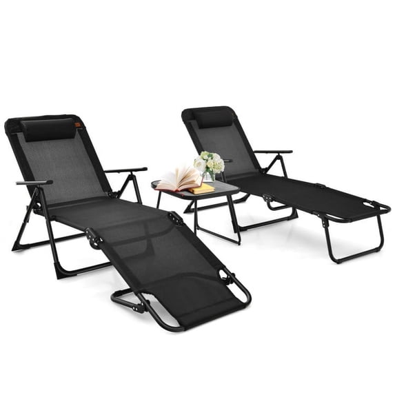 Barara King Garden Conversation Table Set, Conversation Loveseat Chairs Set, 3 Pieces Patio Folding Chaise Lounge Set with PVC Tabletop-Black