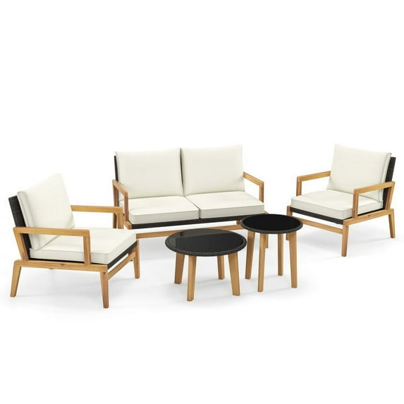 Barara King Garden Conversation Table Set, Conversation Loveseat Chairs Set, 5 Piece Rattan Furniture Set Wicker Woven Sofa Set with 2 Tempered Glass Coffee Tables-Off White