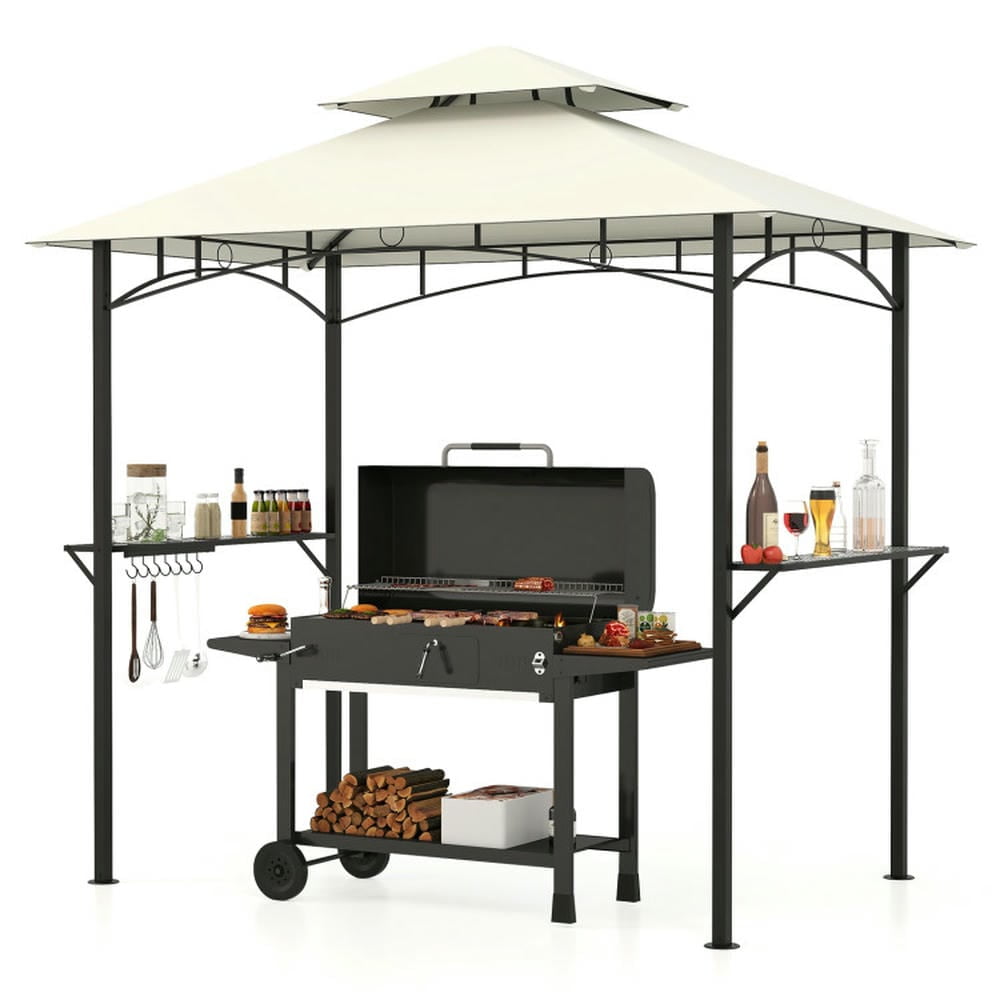 Barara King Gazebo, Outdoor Canopy Shelter,Outdoor Double-Tiered Grill Gazebo Canopy with 2 Shelves and 7 Hooks-Beige