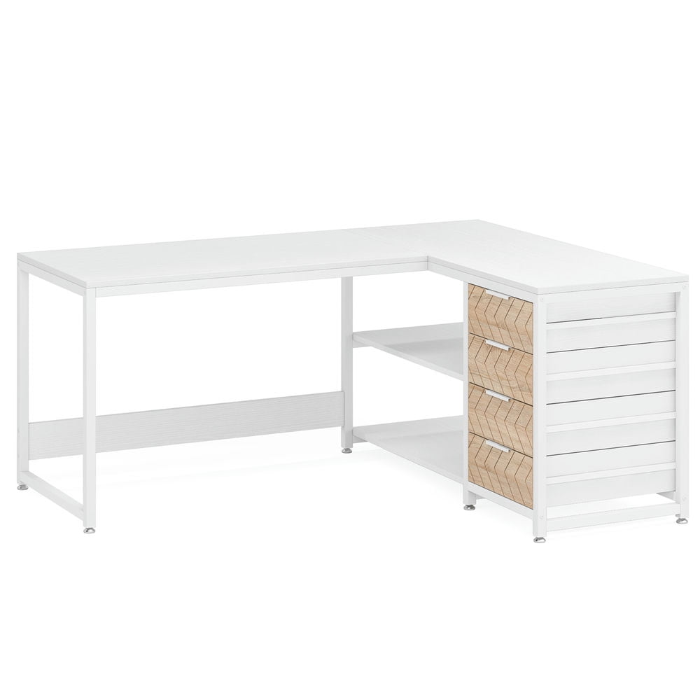 Barara King Home Office Desk, Computer Desk,59" L-Shaped Desk, Reversible Corner Desk with Drawers & Shelves,White