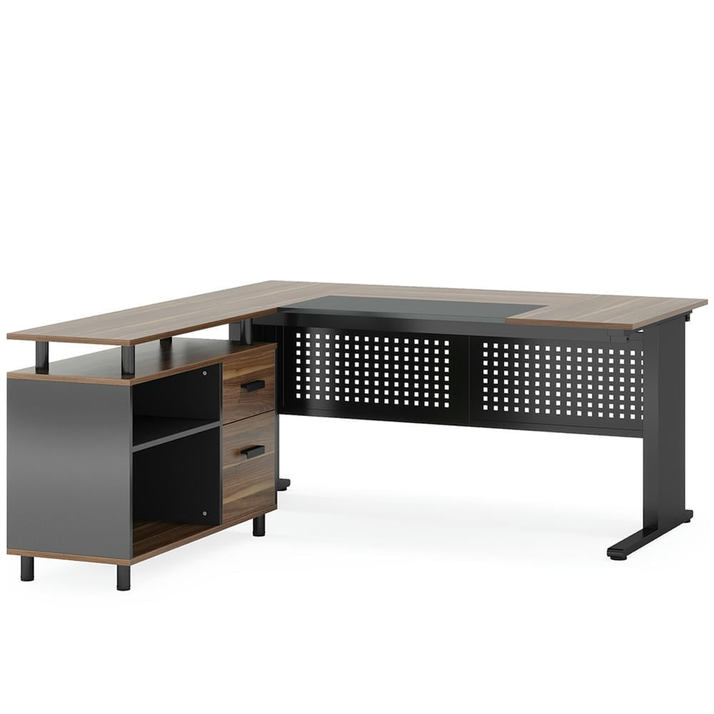 Barara King Home Office Desk, Computer Desk,Industrial L-Shaped Desk, 63" Computer Executive Desk with File Cabinet,Beige & Black