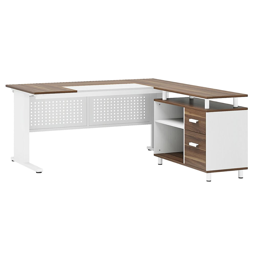 Barara King Home Office Desk, Computer Desk,Industrial L-Shaped Desk, 63" Computer Executive Desk with File Cabinet,Brown & White