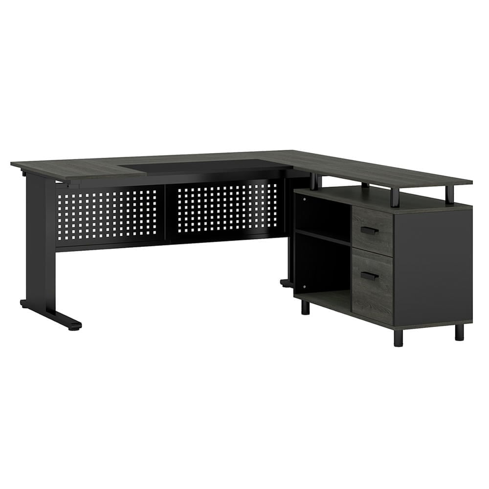 Barara King Home Office Desk, Computer Desk,Industrial L-Shaped Desk, 63" Computer Executive Desk with File Cabinet, Gray & Black