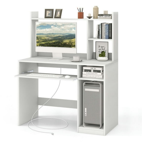 Barara King Home Office Desk, Computer Desk, Study Writing Gaming Table Workstation, Home Office Computer Desk with Bookcase Keyboard Tray and CPU Stand-White