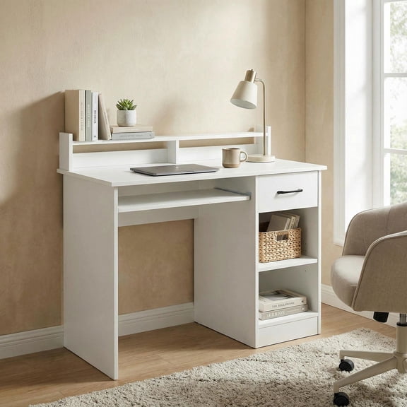 Barara King Home Office Desk, Computer Desk, Study Writing Gaming Table Workstation, Study Laptop Table with Drawer and Keyboard Tray-White