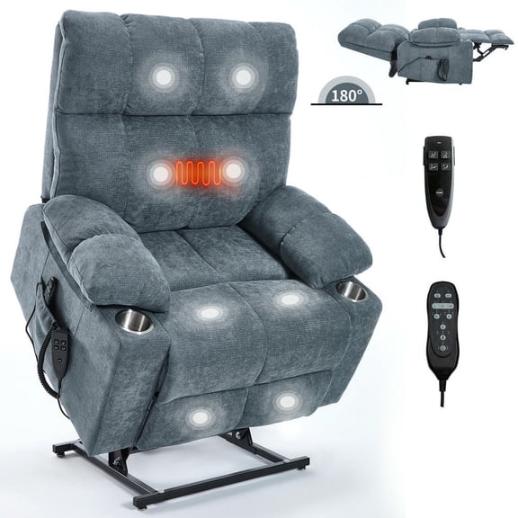 Barara King Reclining Chair Sofa with 8-Point Vibration Massage, Lumbar Heating and Dual Cup Holders, Single Recliner with Dual Motor Chenille Power Lift, Gray