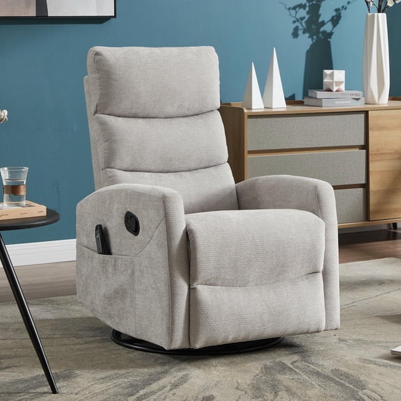 Barara King Reclining Chair Sofa with Rocker and Swivel, Heat Massage Single Recliner with Chenille Fabric for Living Room, Bedroom, Light Gray