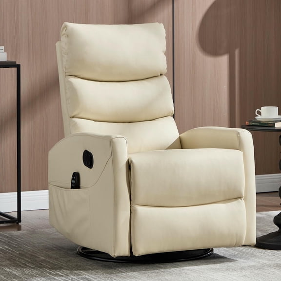 Barara King Reclining Chair Sofa with Rocker and Swivel, Heat Massage Single Recliner with Pu Leather Material for Living Room, Bedroom, Beige