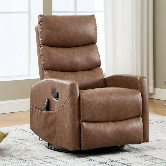 Barara King Reclining Chair Sofa with Rocker and Swivel, Heat Massage Single Recliner with Pu Leather Material for Living Room, Bedroom, Yellow, Brown