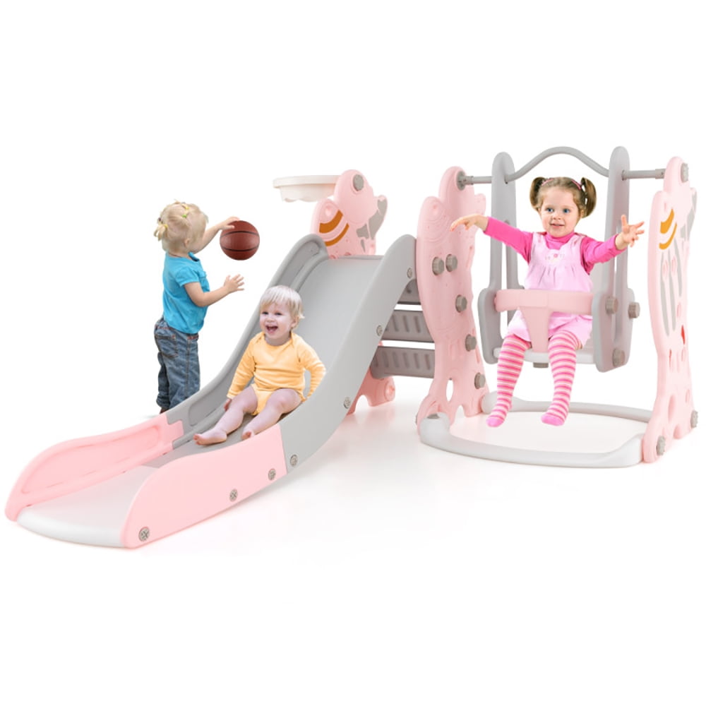 Barara King Indoor Toddlers Slide Playset,Kids Climbers Playground,4-in-1 Kids Slide and Swing Set with Basketball Hoop-Pink