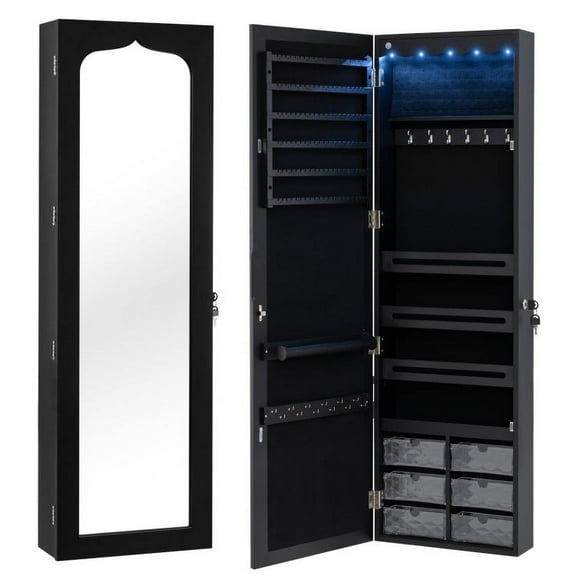 Barara King Jewelry Cabinet, Jewelry Armoire CabinetDoor Hanging Mirror Jewelry Armoire with Full Length Mirror and 6 Drawers-Black
