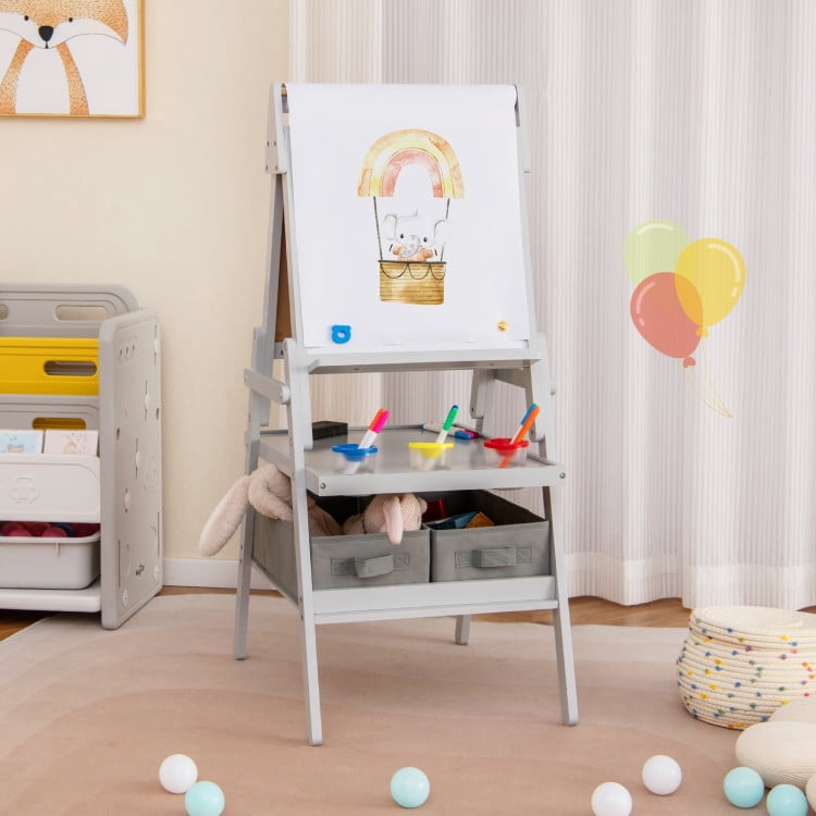 Barara King Kid's Art Easel with Whiteboard, Drawing Easel with Magnetic Whiteboard, 3-in-1 Storage Art Easel for Study Room, Home Office, Living Room, Gray
