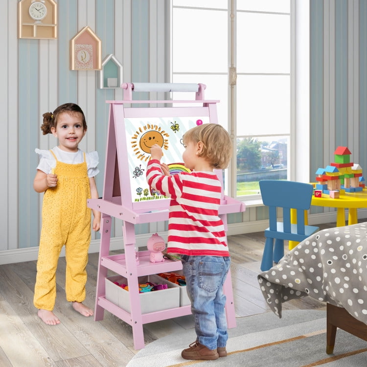 Barara King Kid's Art Easel with Drawing Board, Drawing Easel with Paper Roll, 3-in-1 Double-Sided Storage Art Easel for Study Room, Home Office, Living Room, Pink