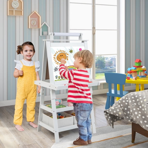 Barara King Kid's Art Easel with Drawing Board, Drawing Easel with Paper Roll, 3-in-1 Double-Sided Storage Art Easel for Study Room, Home Office, Living Room, White